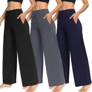 3 Pack Women's Wide Leg Pants with Pockets - Casual Loose Yoga Trouser Pants Swe
